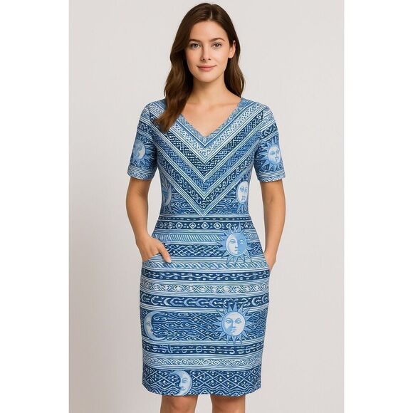 J McLaughlin Catalina Cloth Dress Blue Preppy Celestial Print Size S - Picture 1 of 12
